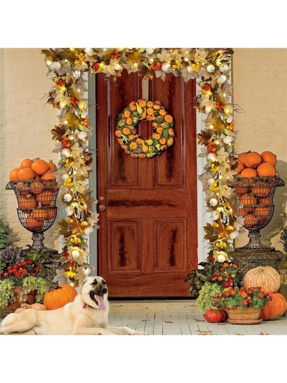 Lighted Fall Garland with Maple Leaves White Pumpkins Berry 6FT